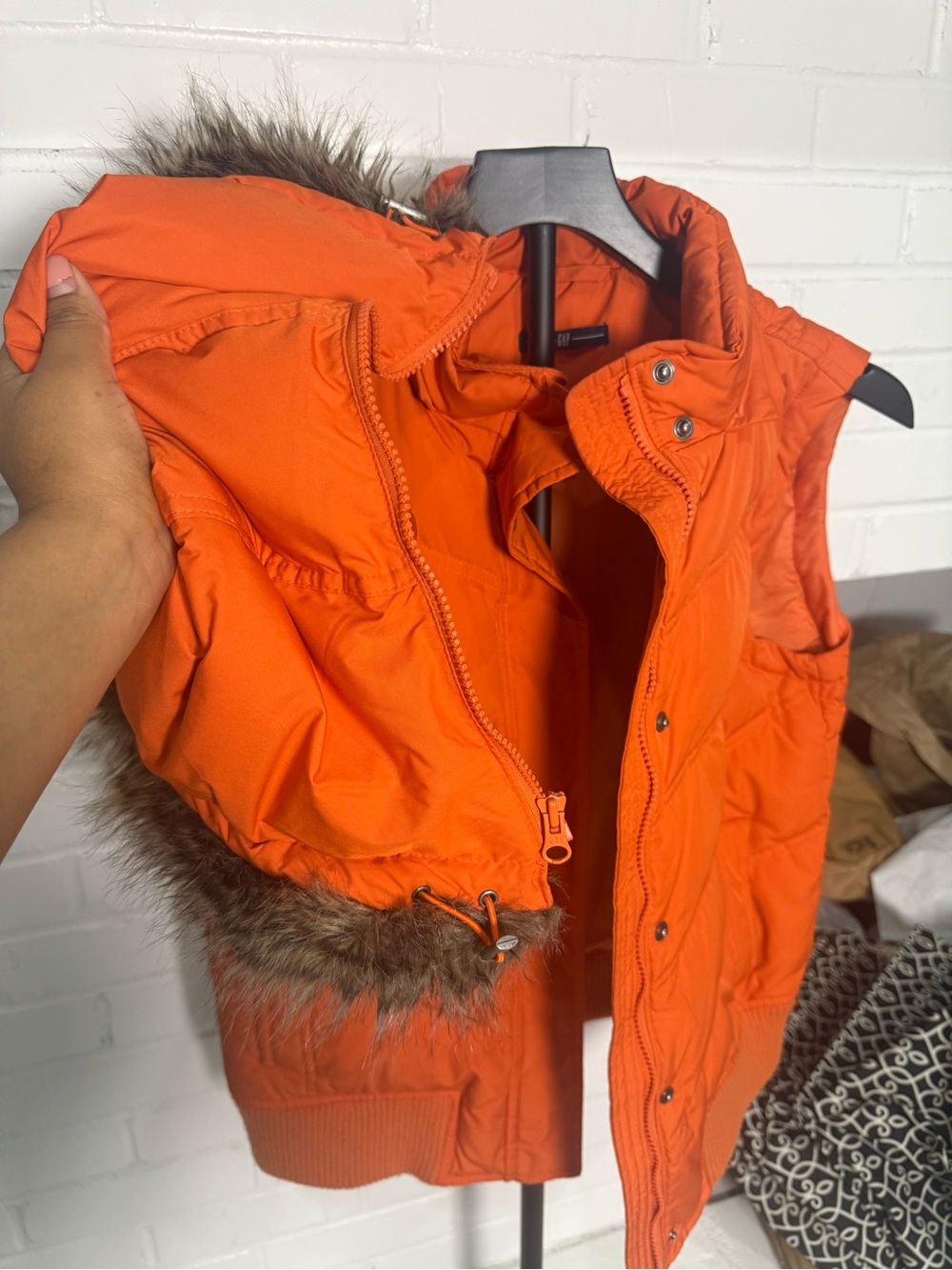 GAP Orange Puffer Vest with Faux-Fur Trim